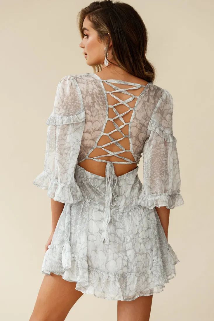 Albany Lace Up Back Frill Dress Chrysanthemum Print Grey