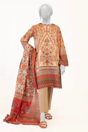 Beige 3PC Unstitched Printed Suit