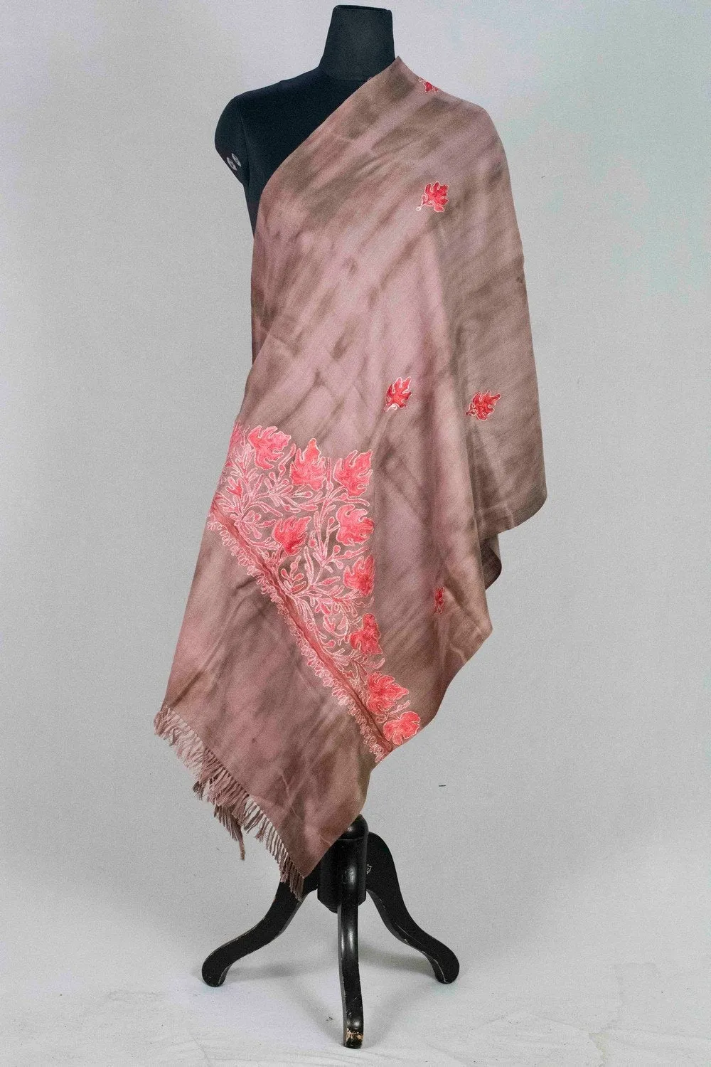 Brown Colour  Tye Dye Stole With kashmiri Embroidery Compliments The Wearer For Owning A Unique Accessory.