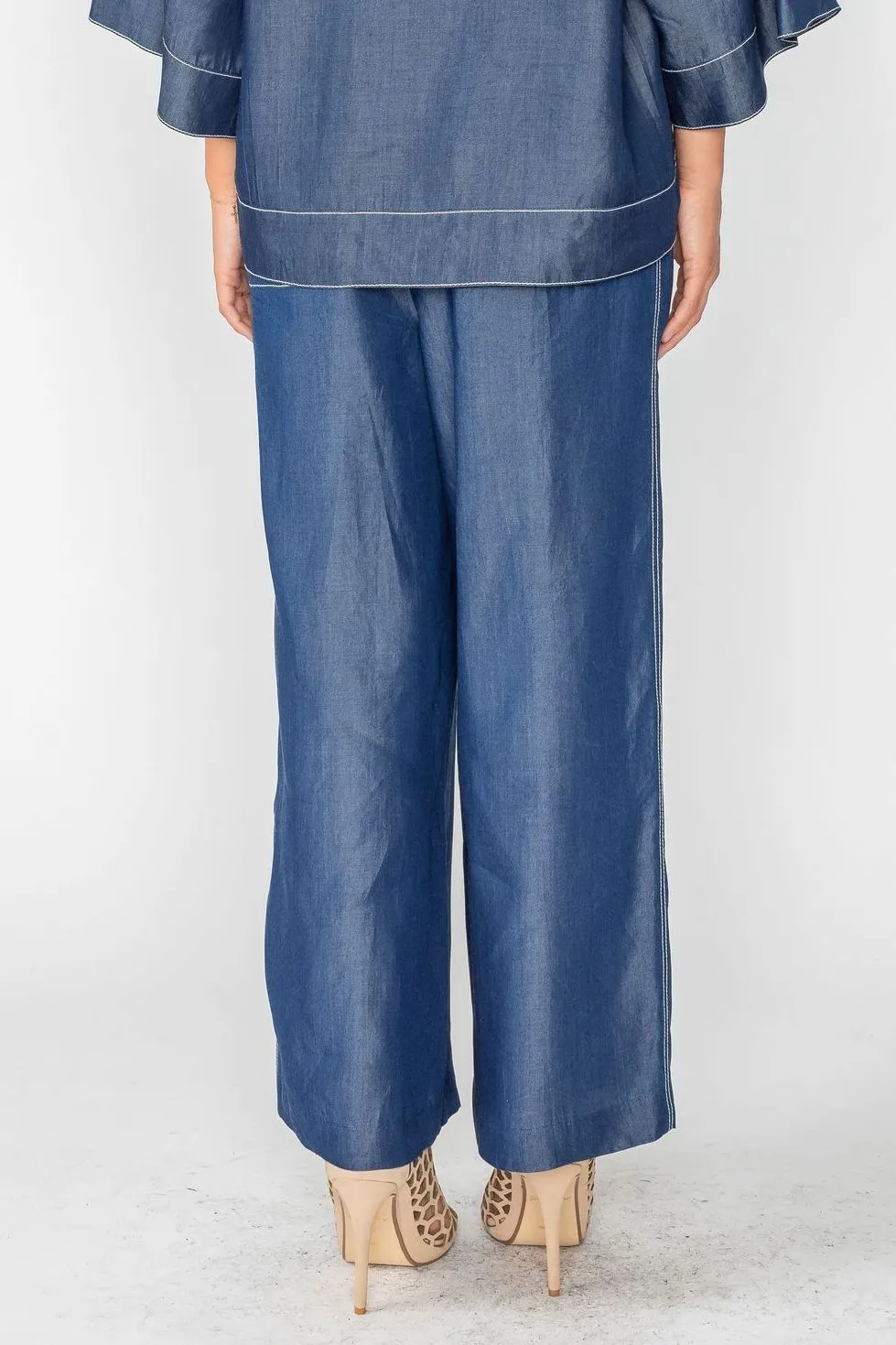 Denim Tencel Chambre Contrast Waist Elastic Band Wide Leg Pants