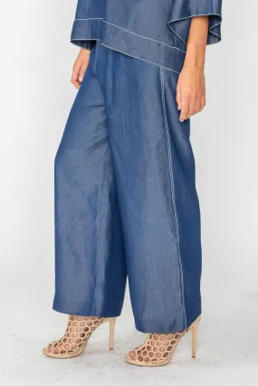 Denim Tencel Chambre Contrast Waist Elastic Band Wide Leg Pants