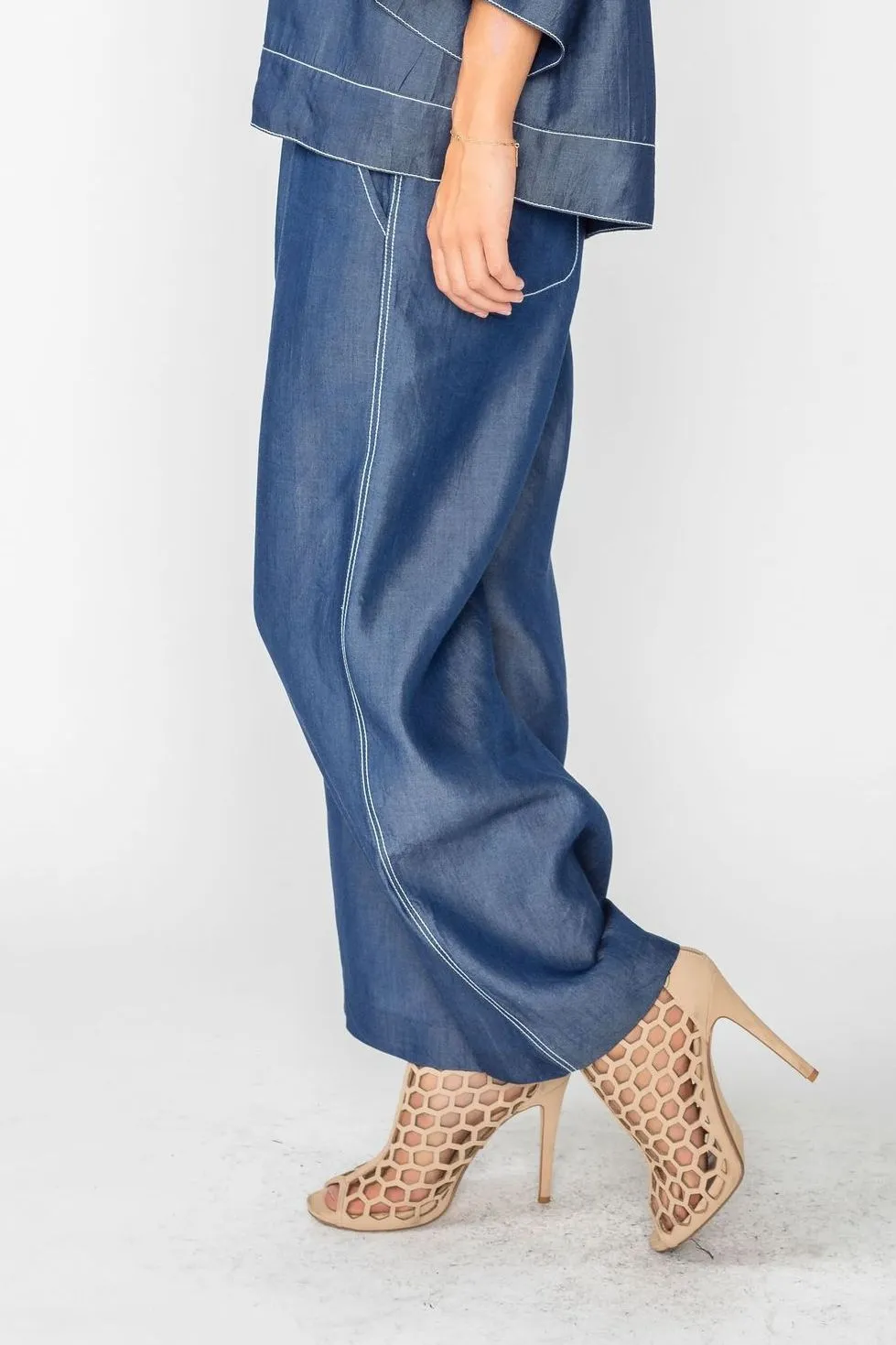 Denim Tencel Chambre Contrast Waist Elastic Band Wide Leg Pants